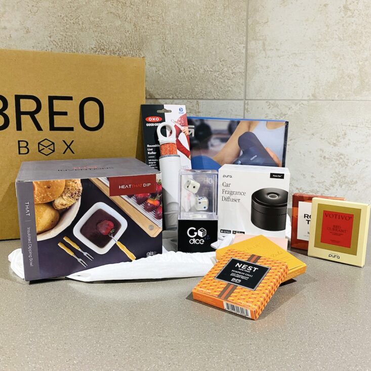 This Winter Breo Box came with items like a fragrance diffuser, a dice set, and a dip warmer.