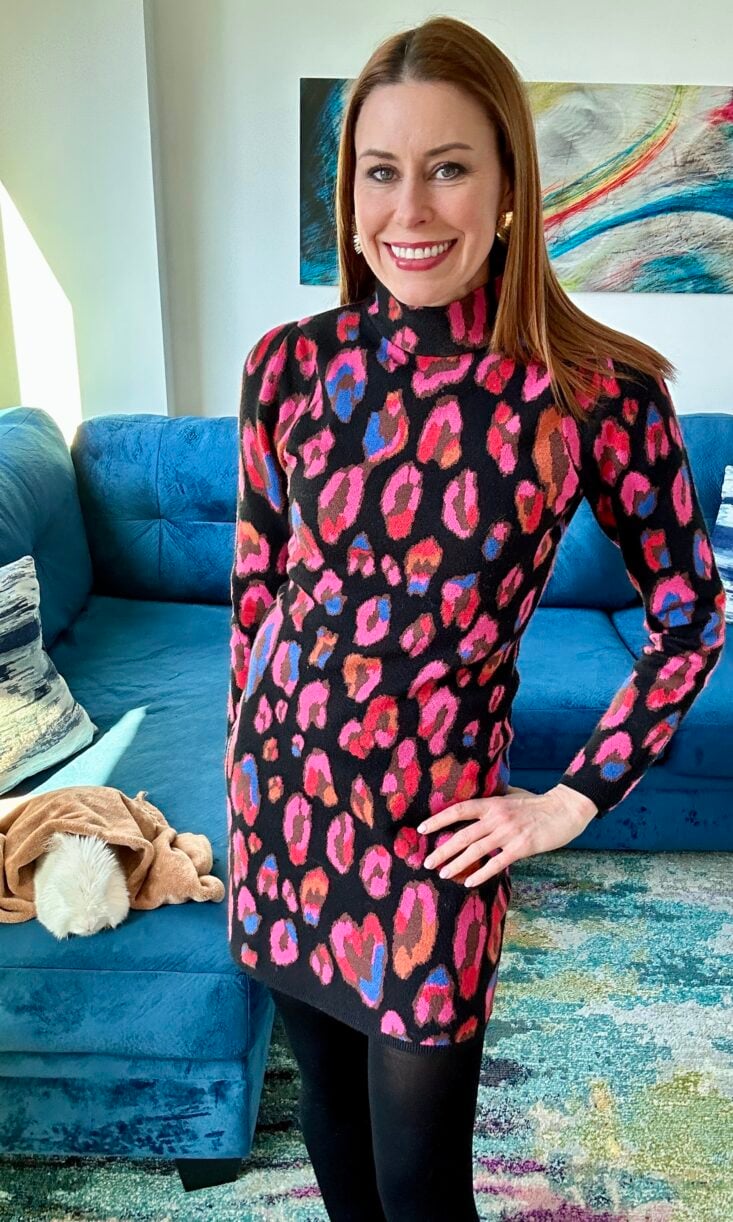 Christen showcasing her Dress from Nuuly's clothing subscription service.